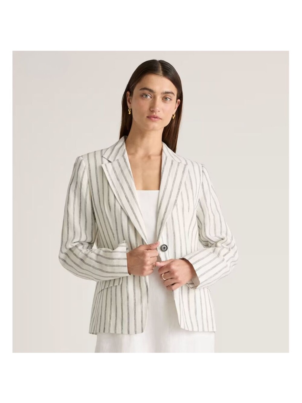 Quince 100% European Linen Structured Blazer, Oatmeal/Black Stripe, Size Large